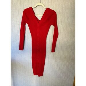 Active USA Red Ribbed Knit V-Neck Bodycon Midi Dress Long Sleeve Twist Back M